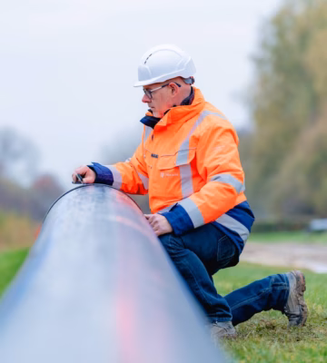Een medewerker controleert de staat van een leiding tijdens een inspectie in de buitenomgeving.