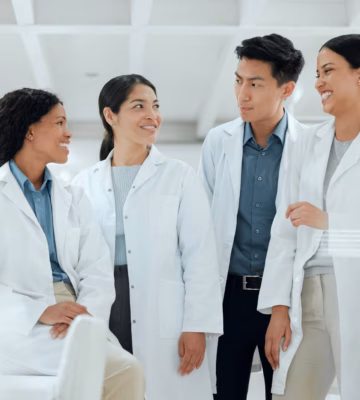 Staff members in lab coats consult with one another and work together in a professional research environment.