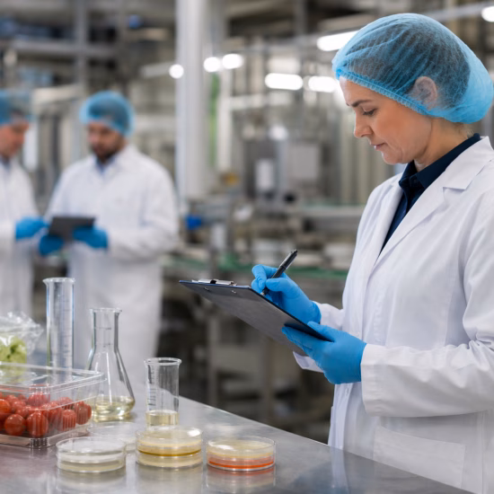 Laboratoriummedewerker voert voedselanalyse uit met monsters van groenten in een voedselveiligheidslaboratorium.
