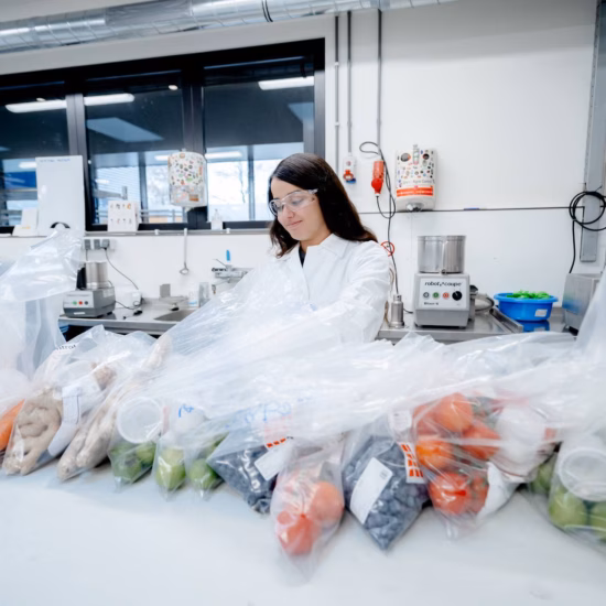 Food safety laboratory with packaged fruits and vegetables on a workbench.