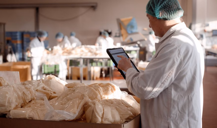 A person wearing protective work clothing uses a tablet for digital recording or quality control of food products in a production environment.