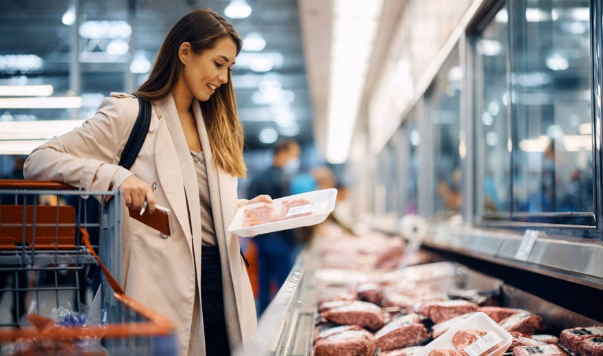 Persoon vergelijkt verpakte vleesproducten in de gekoelde afdeling van een supermarkt.