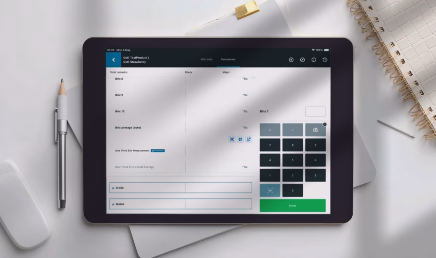 Tablet with a digital application for inspections, checks, and data recording.