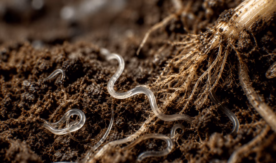 Im Boden in der Nähe von Pflanzenwurzeln sichtbare Nematoden zur Untersuchung und Analyse.