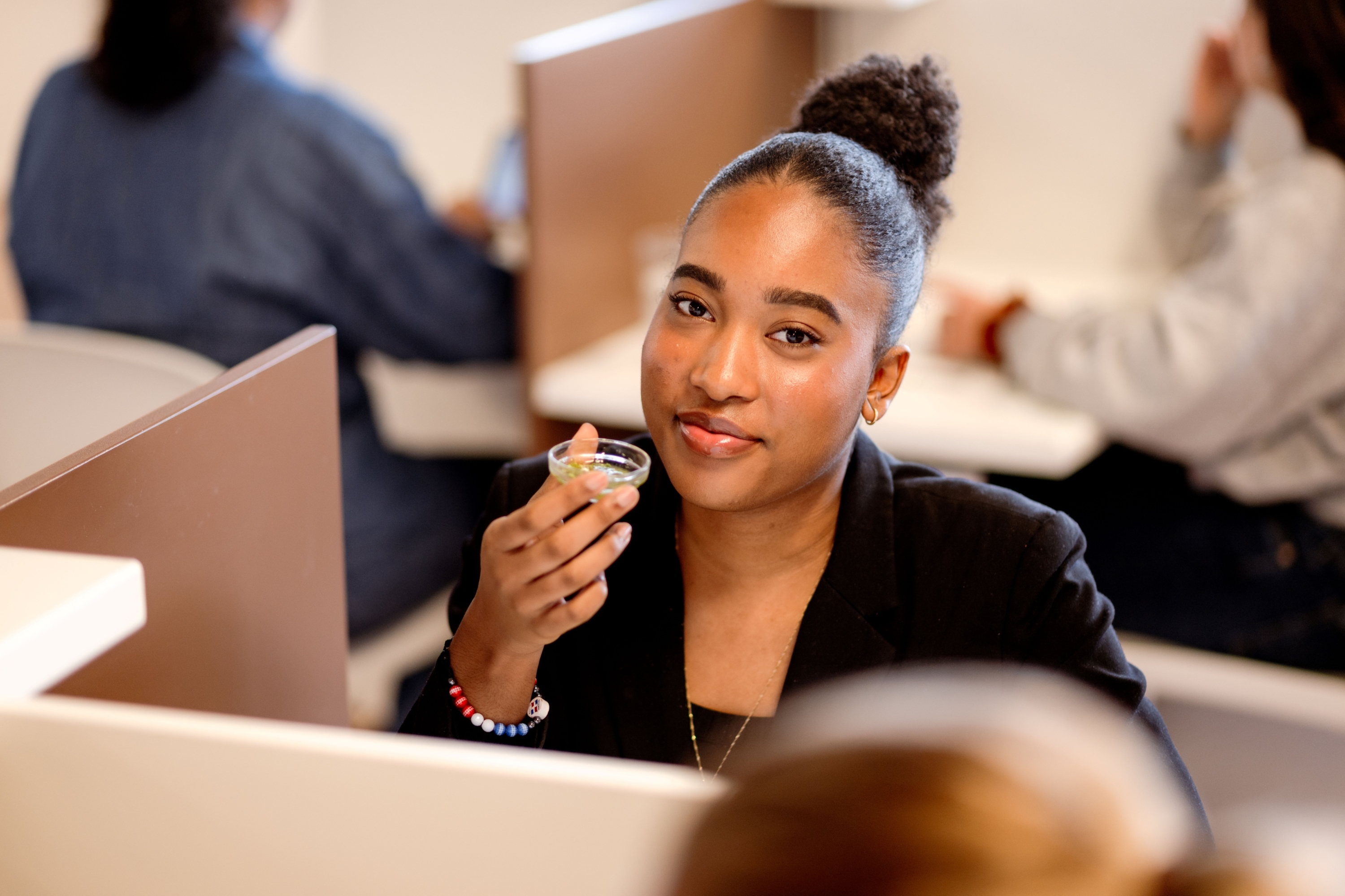 Evaluation of a product sample as part of sensory testing and quality analysis.