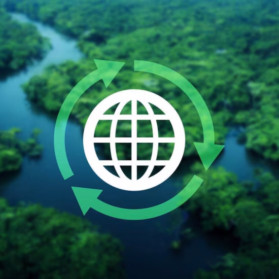Symbol für Kreislaufwirtschaft über einem Fluss, der durch eine dicht bewachsene grüne Landschaft fließt.