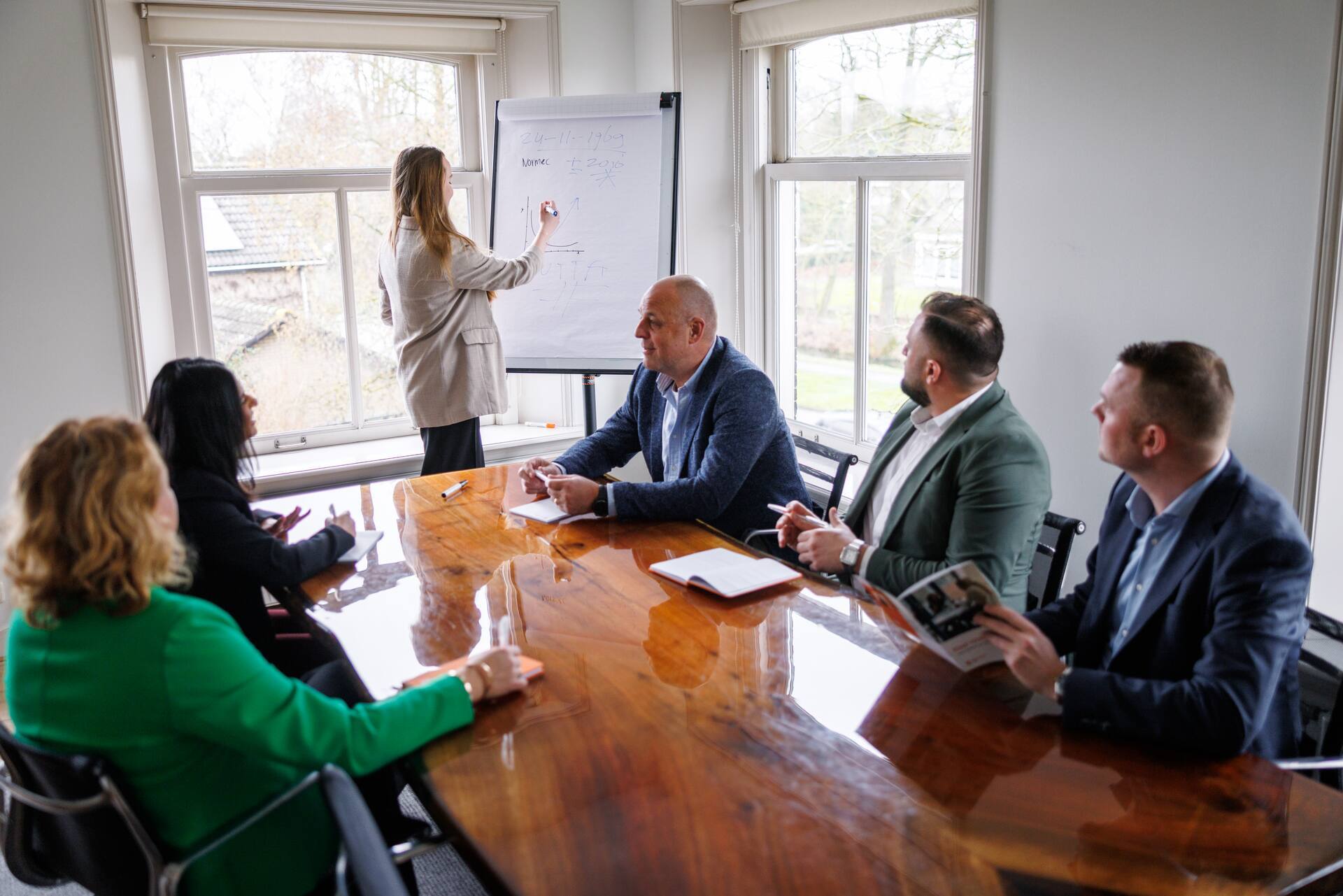 A discussion session in which participants collaborate on a presentation on a whiteboard while seated around a conference table.