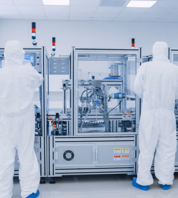 Two employees in cleanroom suits are working on an automated production line in a sterile production environment.