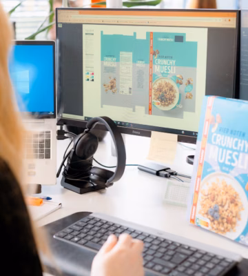 Ein Mitarbeiter arbeitet an einem Computerarbeitsplatz mit mehreren Monitoren an der Gestaltung einer Produktverpackung.