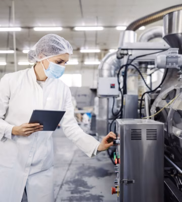 Ein Qualitätsmitarbeiter überprüft mit einem Tablet und hygienischer Schutzausrüstung eine industrielle Produktionslinie in einem Lebensmittelverarbeitungsbetrieb.