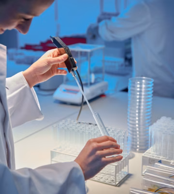 Een vrouwelijke onderzoeker in een wit laboratoriumjas analyseert een vloeistof in een reageerbuis tijdens een wetenschappelijk experiment.