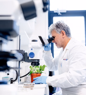 Ein Laborant untersucht eine Probe mit einem Mikroskop in einer modernen Laborumgebung. Das Bild zeigt Labordienstleistungen mit den Schwerpunkten Prüfung, Analyse, Qualitätskontrolle und Qualitätssicherung.