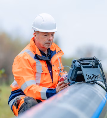 Technisch medewerker voert een leidinginspectie uit met meetapparatuur op een bovengrondse pijpleiding.