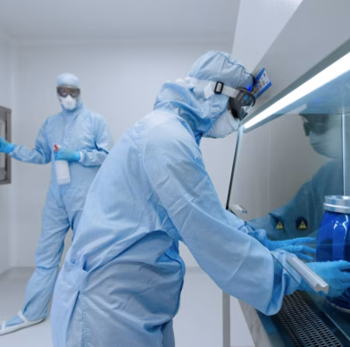 Twee medewerkers in beschermende cleanroomkleding werken met gespecialiseerde apparatuur in een gecontroleerde werkomgeving.
