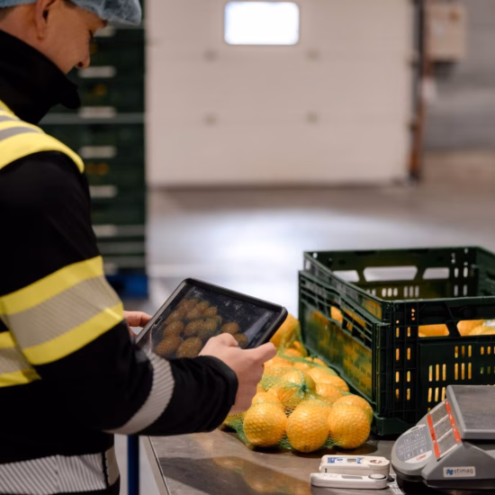 Een medewerker gebruikt een iPad om foto’s te maken van sinaasappels tijdens een kwaliteitscontrole, terwijl hij de producten nauwkeurig onderzoekt.