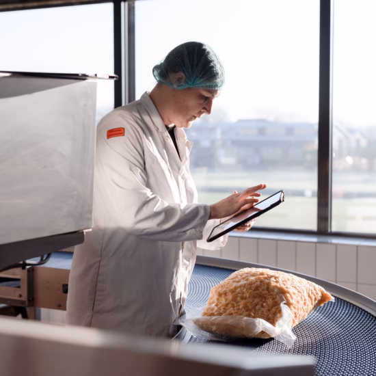 Ein Mitarbeiter in Schutzkleidung prüft mit einem Tablet neben einem Förderband in einer Produktionsumgebung ein Brotprodukt.