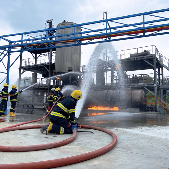 Firefighters are conducting a fire drill at an industrial facility with visible flames and water used for fire suppression.