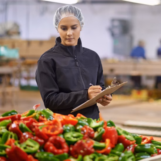 A woman wearing a hairnet is performing quality control on red and green peppers in a large bin at a vegetable processing plant, writing notes on a clipboard.