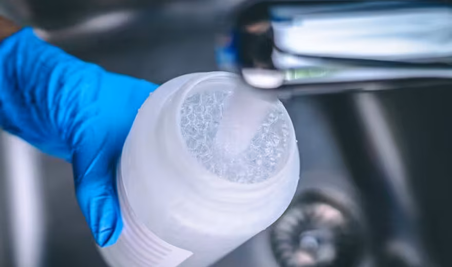 A gloved hand fills a sample jar with water from a faucet for laboratory testing or water analysis.