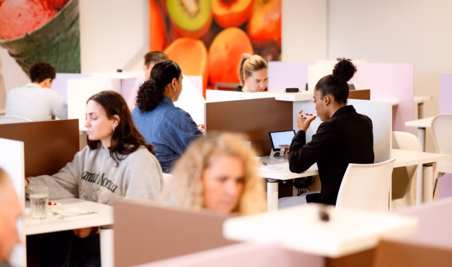 Die Mitarbeiter arbeiten an Computern in einer modernen Büroumgebung mit offenen Arbeitsplätzen und Rückzugsbereichen.