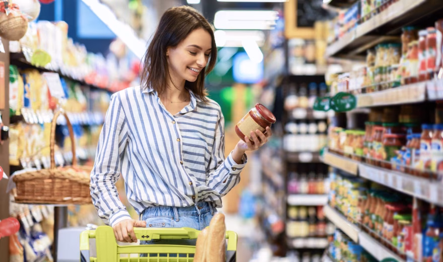 Eine lächelnde Frau geht mit einem Einkaufswagen durch die Gänge eines Supermarkts und betrachtet ein Glas mit einer Soße, während sie gesunde Produkte aus den Regalen auswählt.