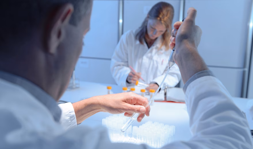 Laborfachkräfte bearbeiten und analysieren Flüssigkeitsproben mit Pipetten in einem modernen Untersuchungslabor.