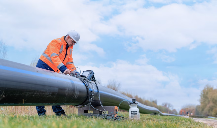 Technisch medewerker voert een meting uit aan een bovengrondse leiding met draagbare meetapparatuur in de buitenlucht.