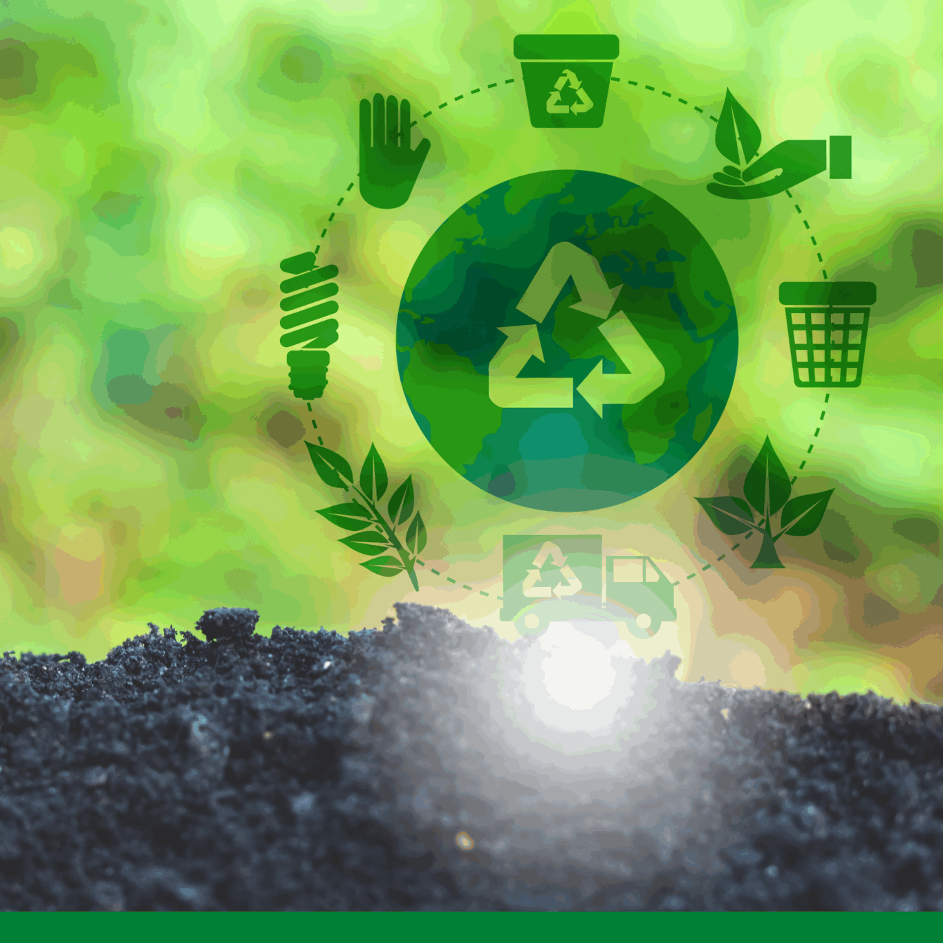 Recycling-Symbol über der Erde mit Piktogrammen für Nachhaltigkeit und Abfallwirtschaft
