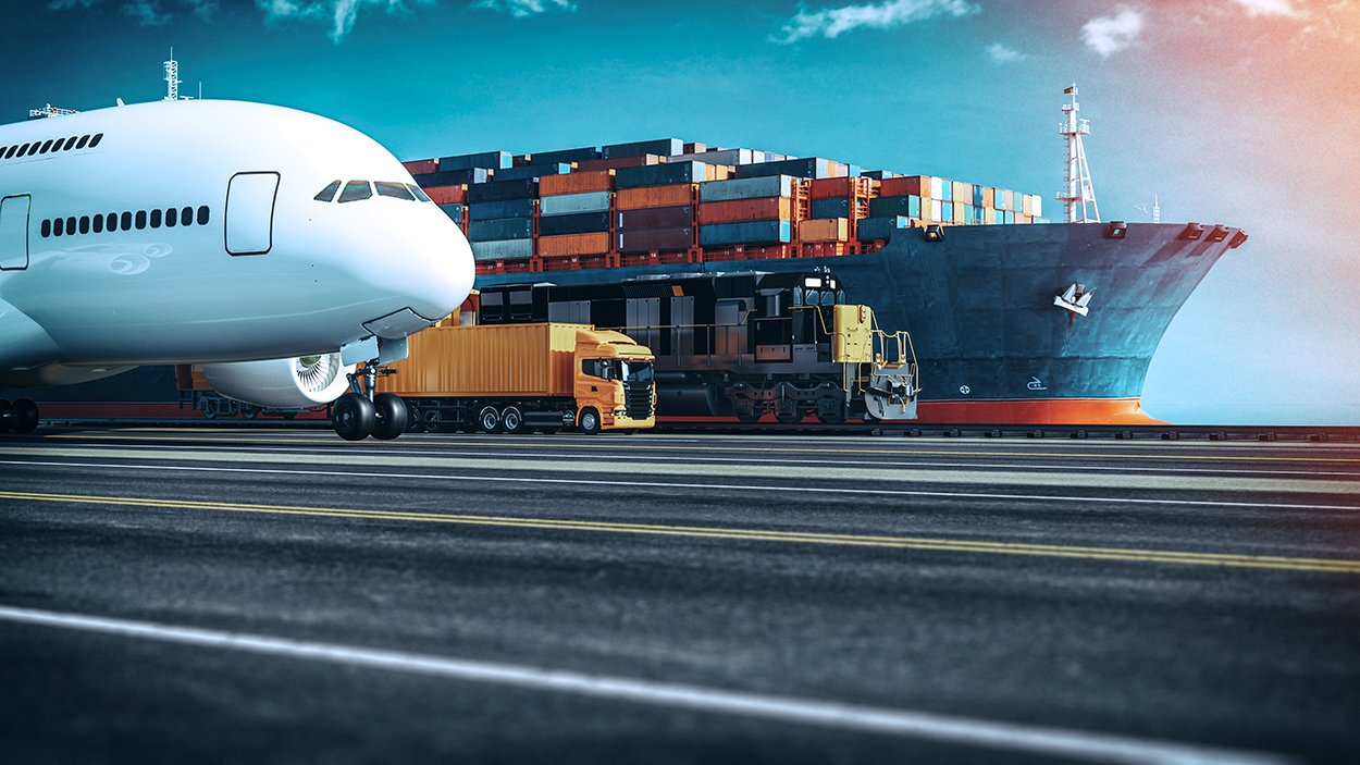 Frachttransport per Containerschiff, Lkw und Flugzeug in einem logistischen Hafenumfeld